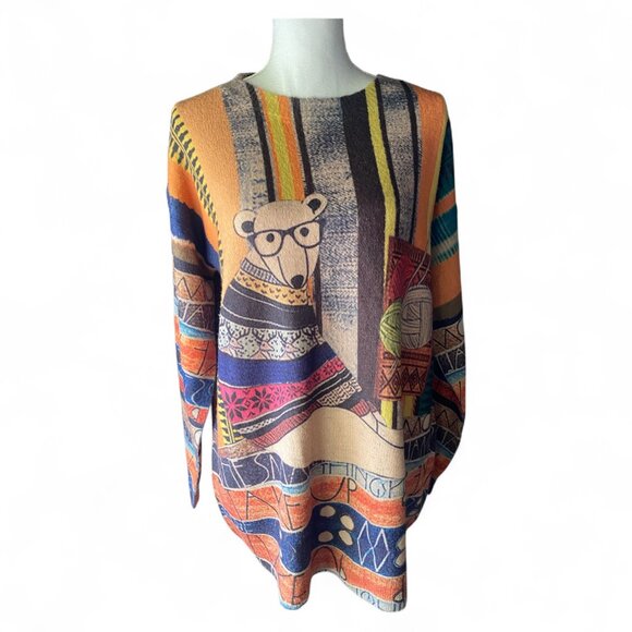 Gunest Novelty Graphic Print Knitting Bear Wool Blend Cozy Sweater XL Oversized - Picture 1 of 12